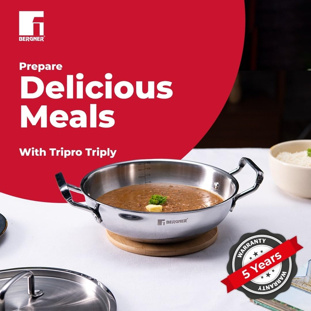 Bergner TriPro TriPly Stainless Steel Deep Kadai with Lid - Induction Bottom (5-Year Warranty)