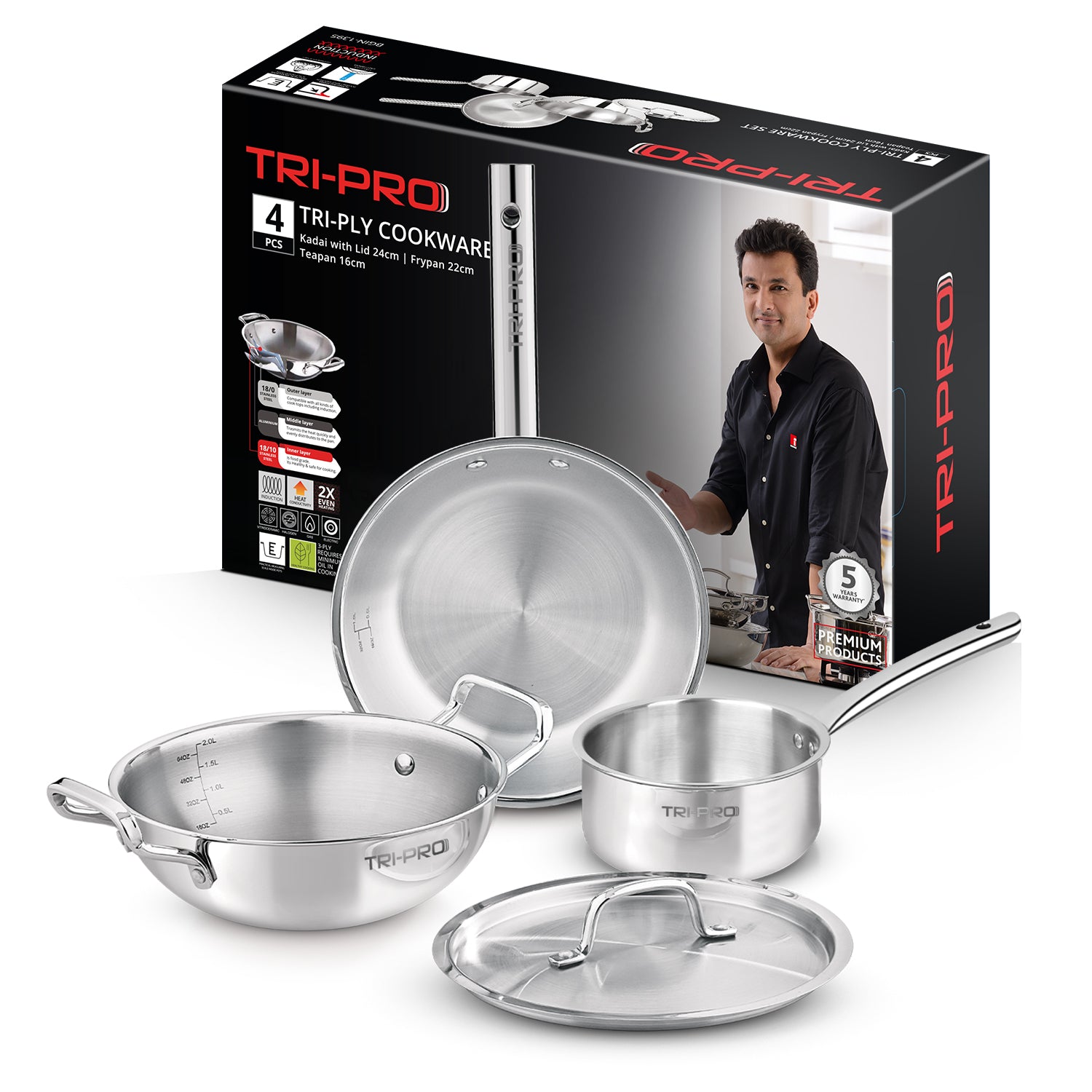TriPro 4 pcs Tri-Ply Stainless Steel Cookware Set