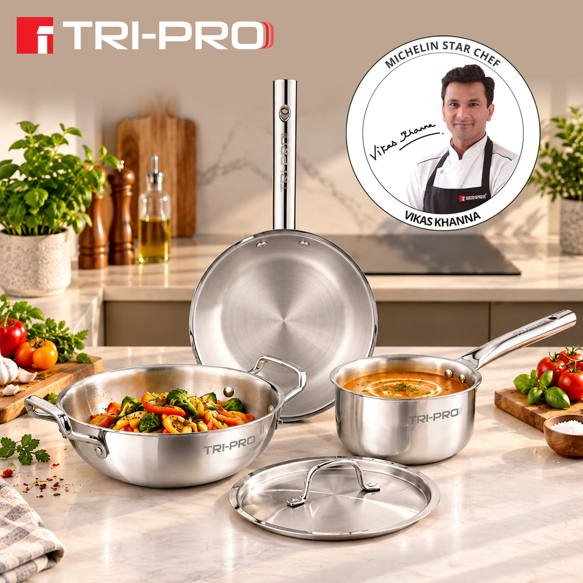 TriPro 4 pcs Tri-Ply Stainless Steel Cookware Set