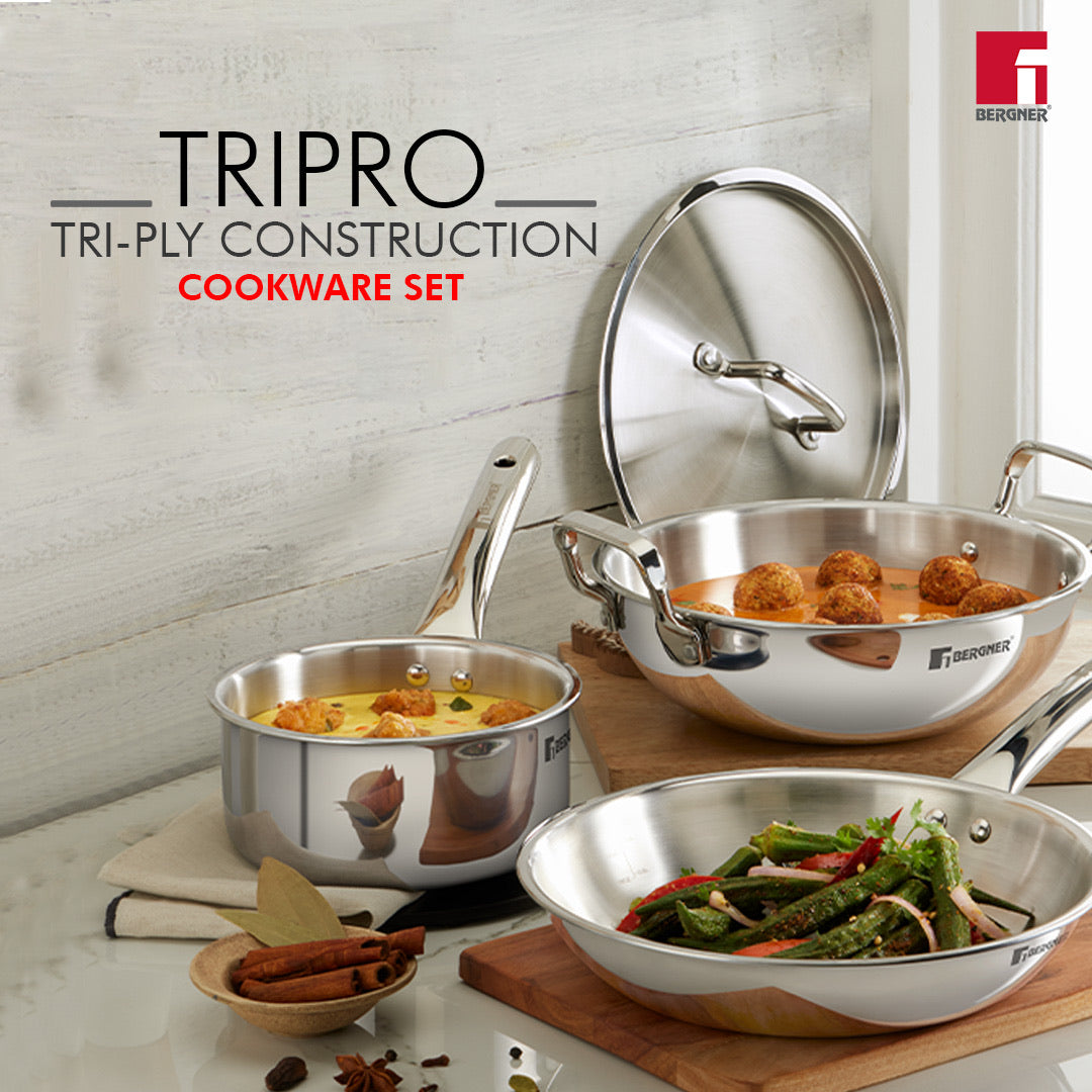 Bergner TriPro 4 pcs Tri-Ply Stainless Steel Induction Bottom Cookware Set - 24cm (3 L) Kadai with Stainless Steel Lid, 22cm (1 L) Frypan, 16cm (1.7 L) Teapan, Easy to Clean