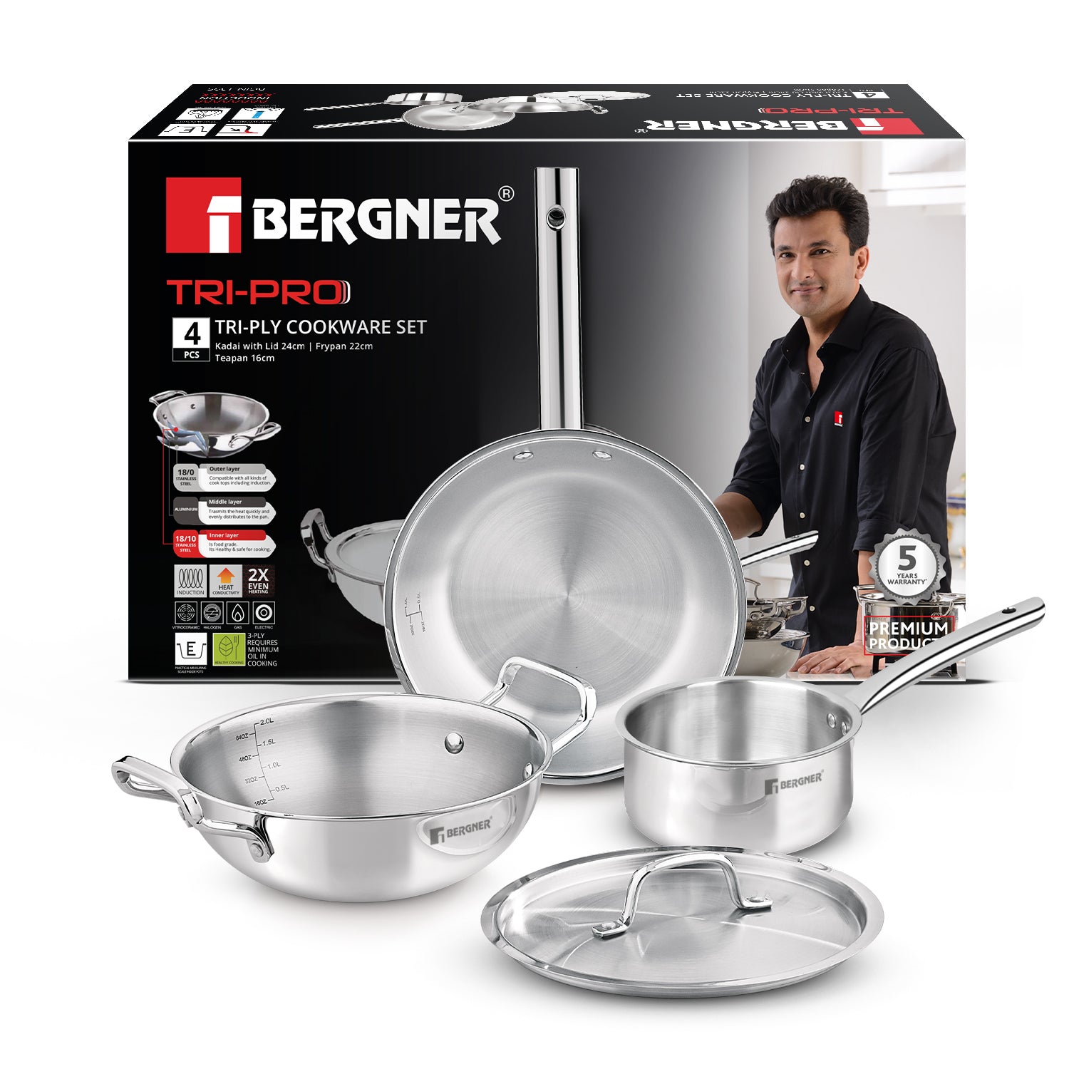 TriPro 4 pcs Tri-Ply Stainless Steel Cookware Set