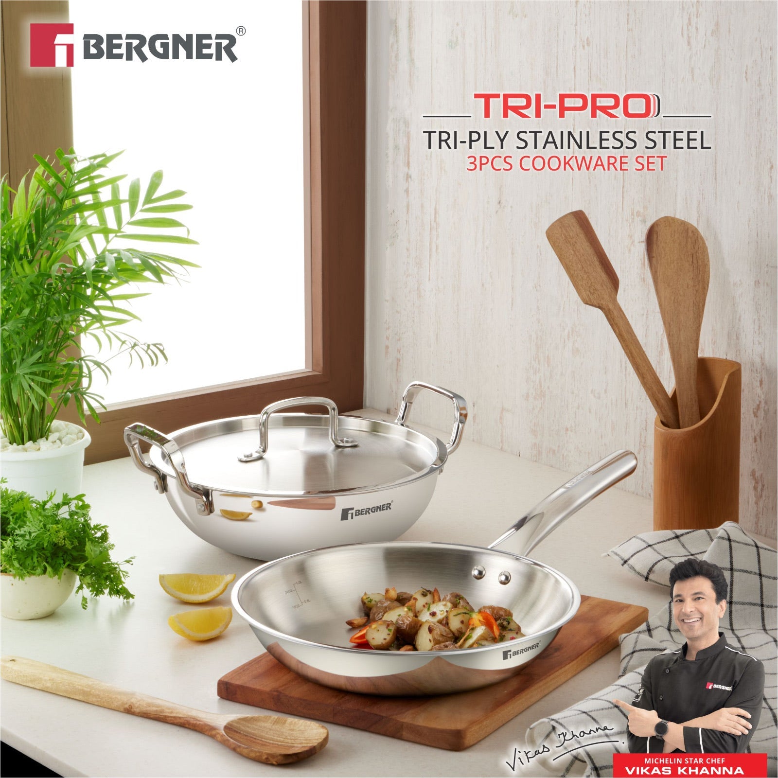 Bergner TriPro Tri-Ply Stainless Steel 3 Pcs Cookware Set - Induction Bottom (5-Year Warranty)