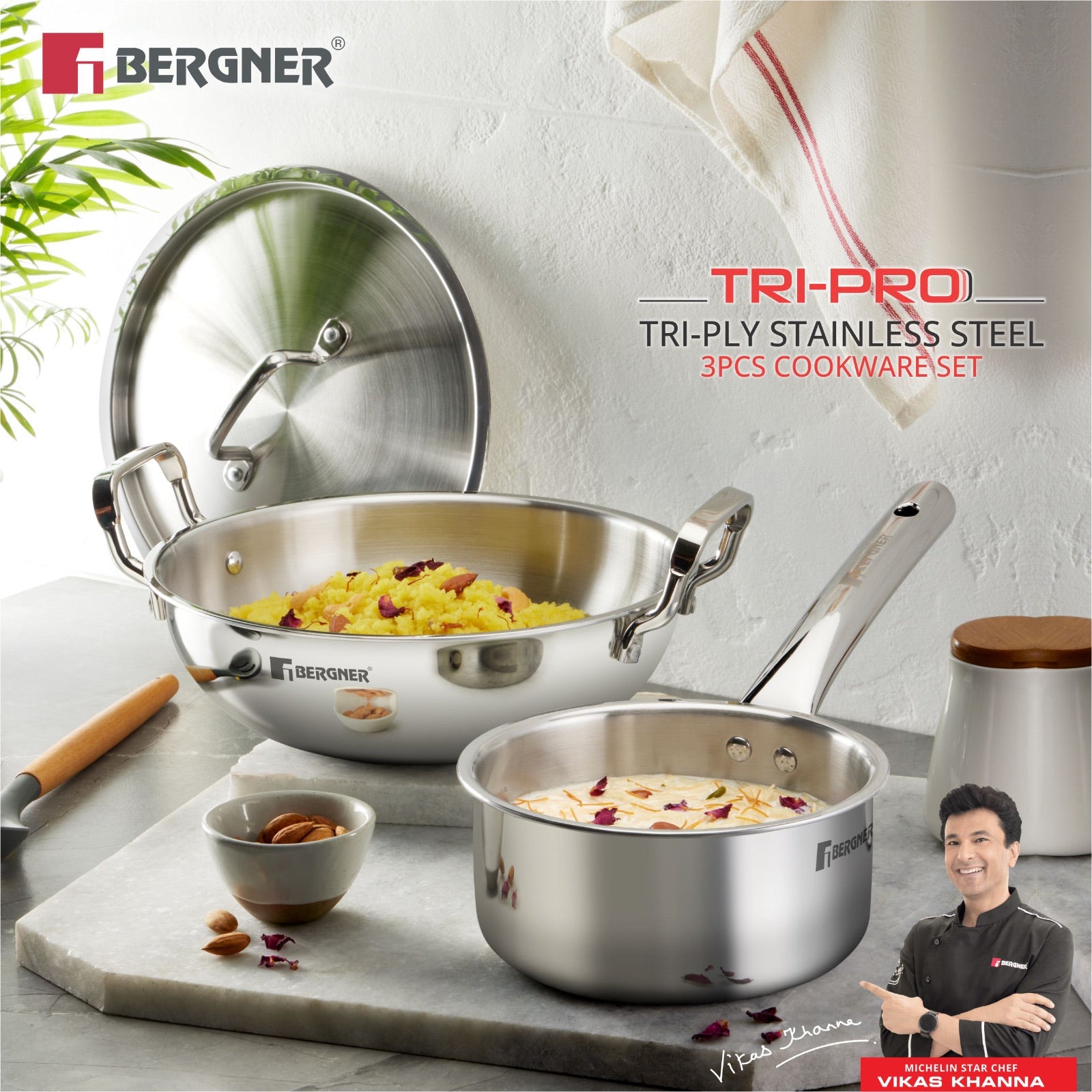 Bergner TriPro Tri-Ply Stainless Steel 3 Pcs Cookware Set - Induction Bottom (5-Year Warranty)