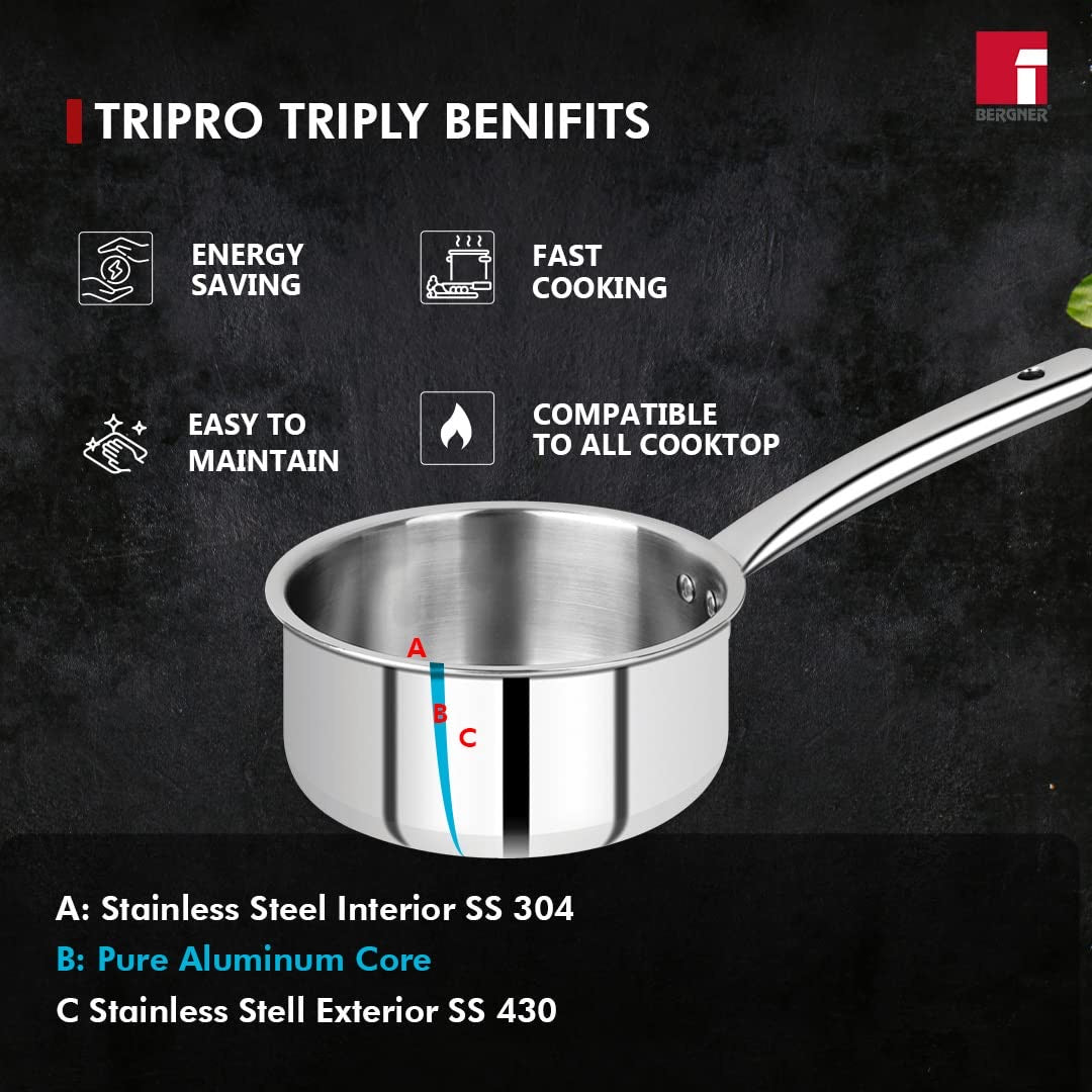 Bergner TriPro TriPly Stainless Steel 3 Pcs Cookware Set - Induction Bottom (5-Year Warranty)