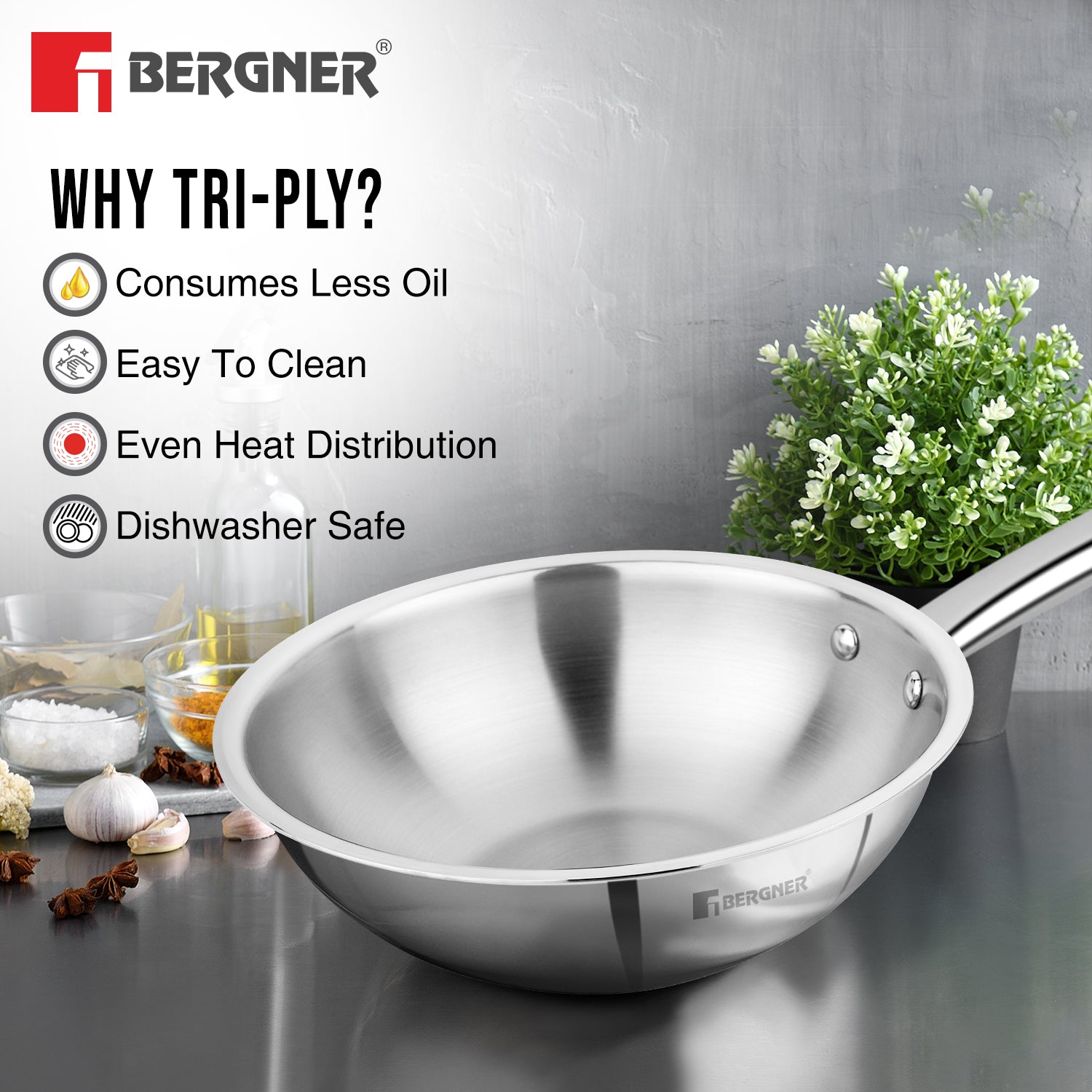 TriPro Tri-Ply Stainless Steel 24 cm (2.8 L) Wok
