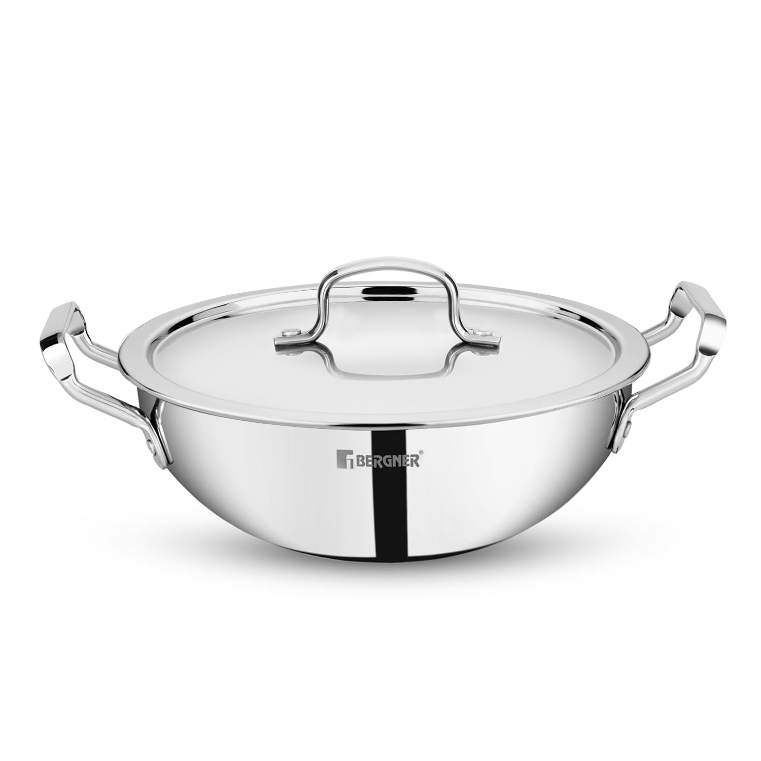 Bergner TriPro TriPly Stainless Steel 22cm (2.5 Liters) Deep Kadai with Lid - Induction Bottom (5-Year Warranty)