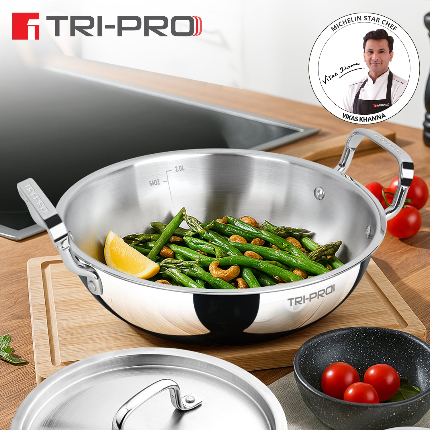TriPro Tri-Ply Stainless Steel 22cm (2.5 L) Deep Kadai