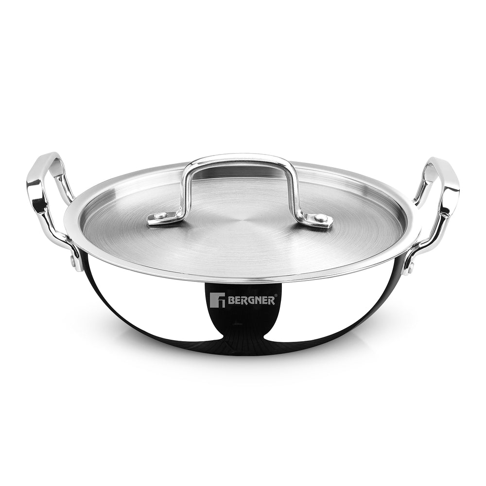 Bergner TriPro Tri-Ply Stainless Steel 22cm (2.5 Liters) Deep Kadai with Lid - Induction Bottom (5-Year Warranty)