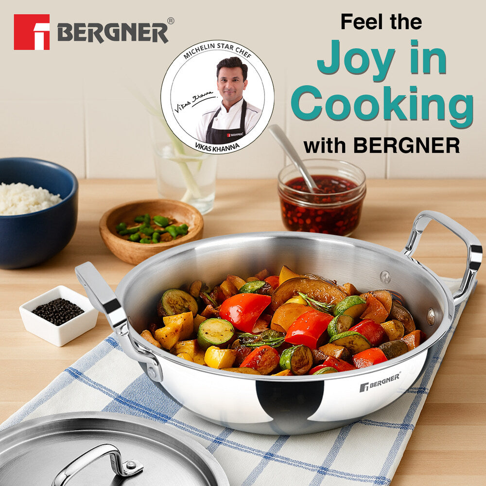 Bergner TriPro Tri-Ply Stainless Steel 22cm (2.5 Liters) Deep Kadai with Lid - Induction Bottom (5-Year Warranty)