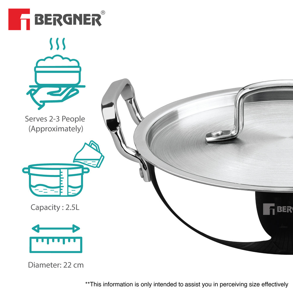 Bergner TriPro Tri-Ply Stainless Steel 22cm (2.5 Liters) Deep Kadai with Lid - Induction Bottom (5-Year Warranty)