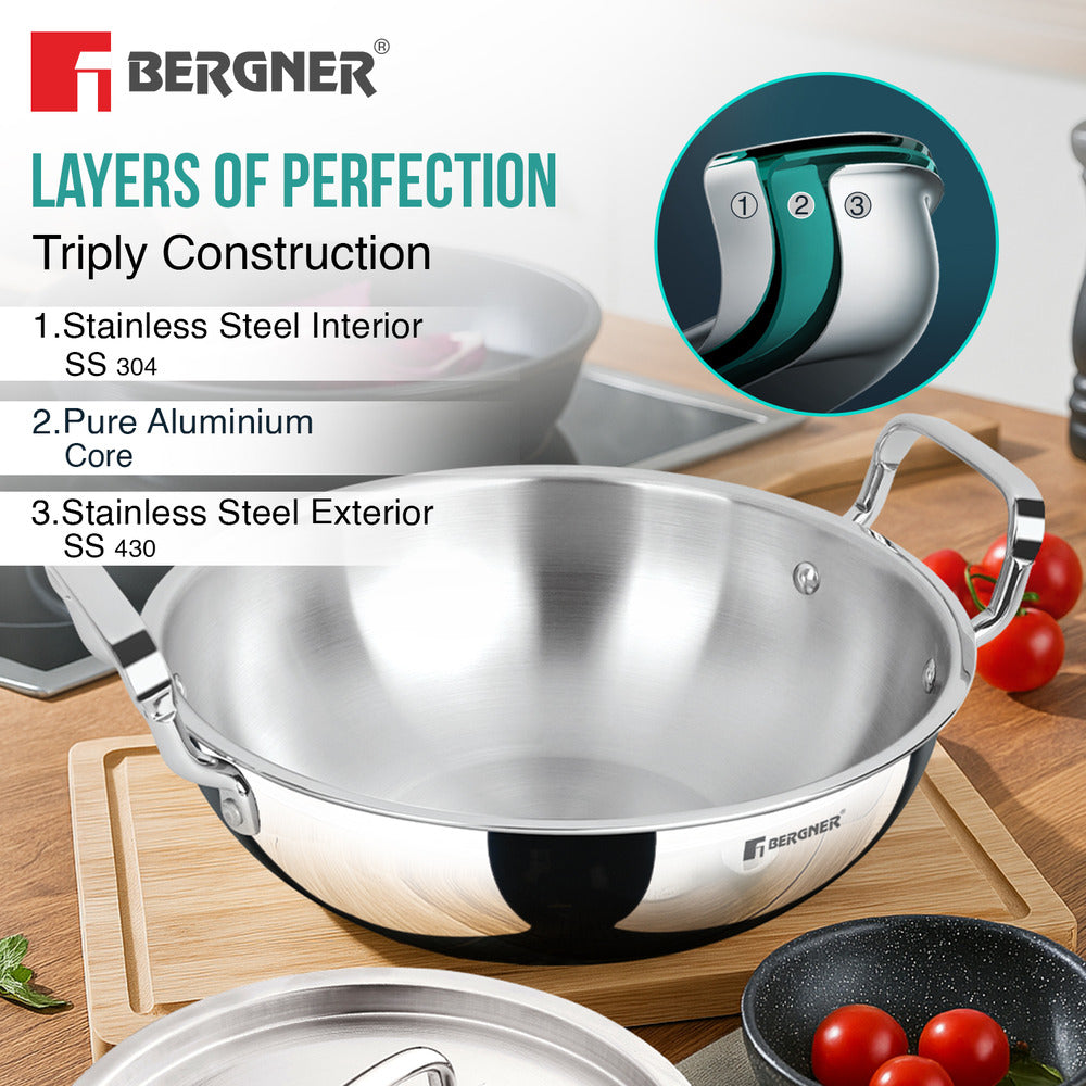 Bergner TriPro Tri-Ply Stainless Steel 22cm (2.5 Liters) Deep Kadai with Lid - Induction Bottom (5-Year Warranty)