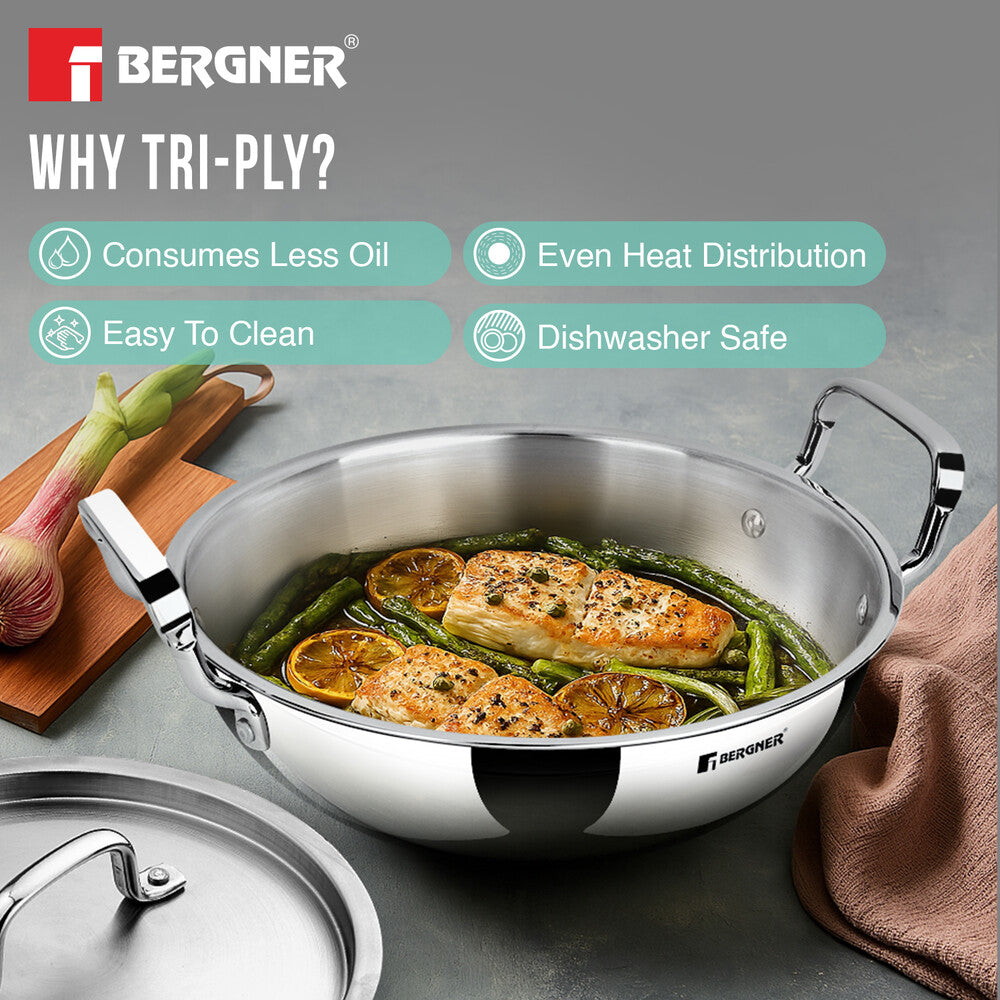 Bergner TriPro Tri-Ply Stainless Steel 22cm (2.5 Liters) Deep Kadai with Lid - Induction Bottom (5-Year Warranty)