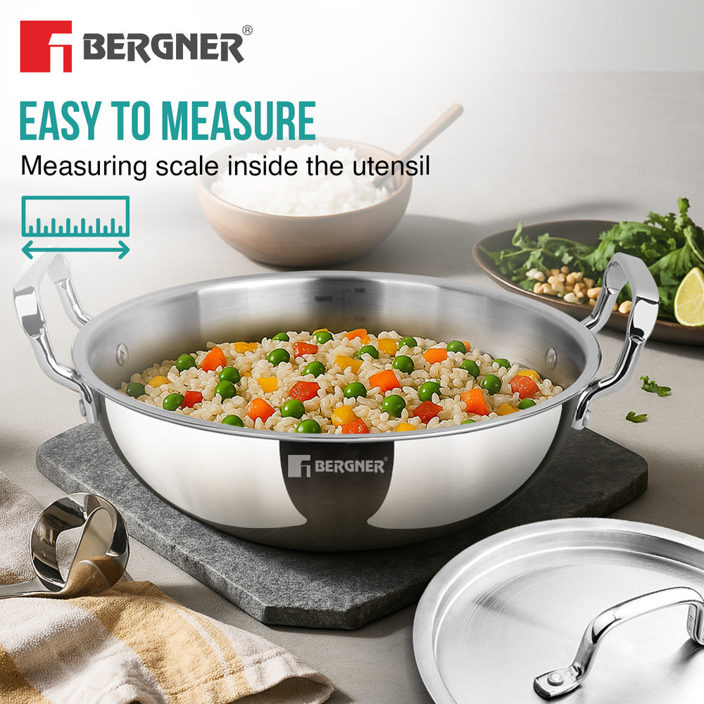 Bergner TriPro Tri-Ply Stainless Steel 22cm (2.5 Liters) Deep Kadai with Lid - Induction Bottom (5-Year Warranty)