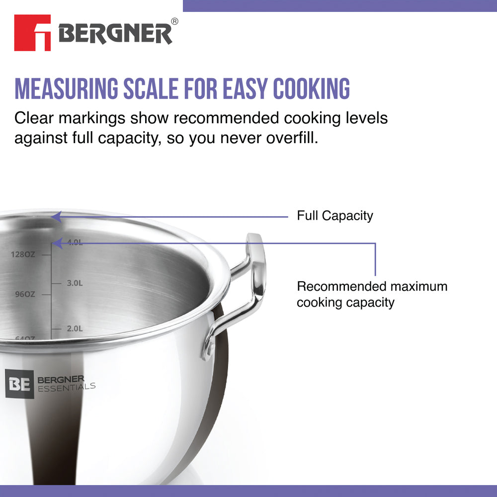 Bergner TriPro Tri-Ply Stainless Steel 22cm (2.5 Liters) Deep Kadai with Lid - Induction Bottom (5-Year Warranty)