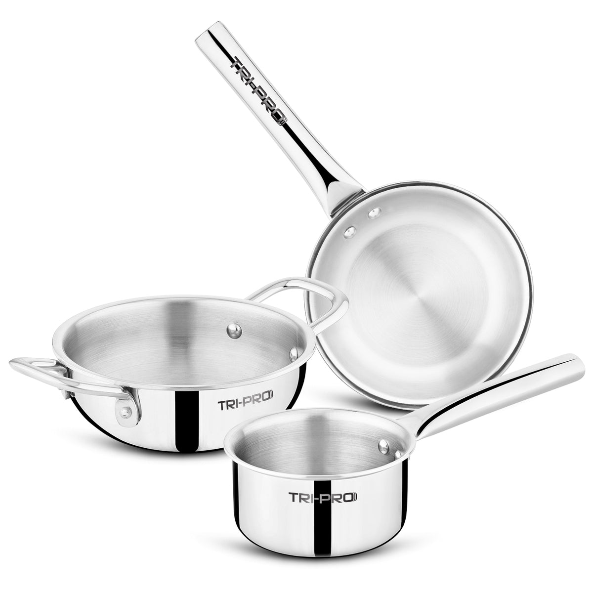 Tri-Pro Mini 3 piece tri-ply stainless steel cookware set featuring 14cm kadai, 12cm saucepan, and 14cm frypan on a white background