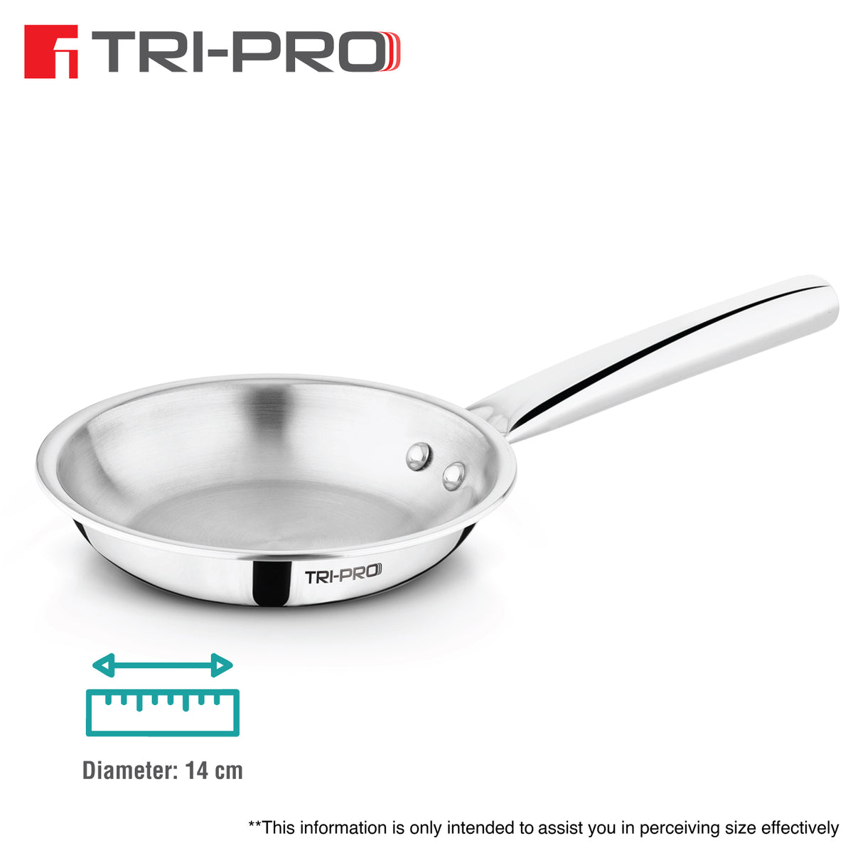 TRI-PRO stainless steel frying pan with a 12 cm diameter, shown on a white background with a brand logo at the top and a size measurement graphic at the bottom.