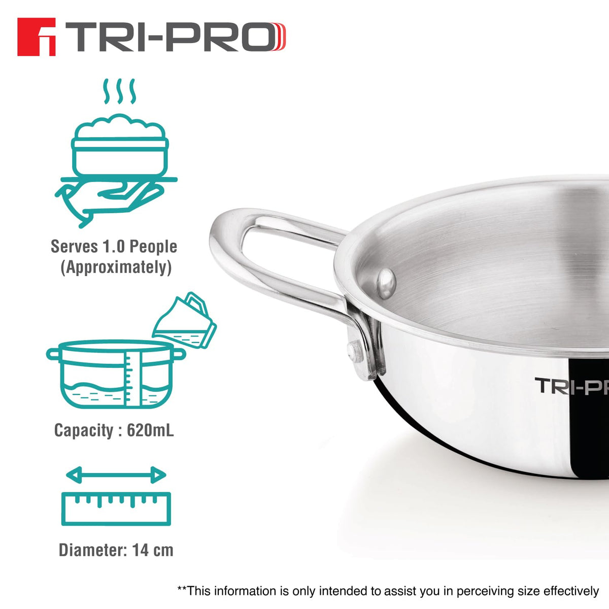 TRI-PRO stainless steel saucepan with size information icons on a white background, including capacity 620mL and diameter 14 cm.