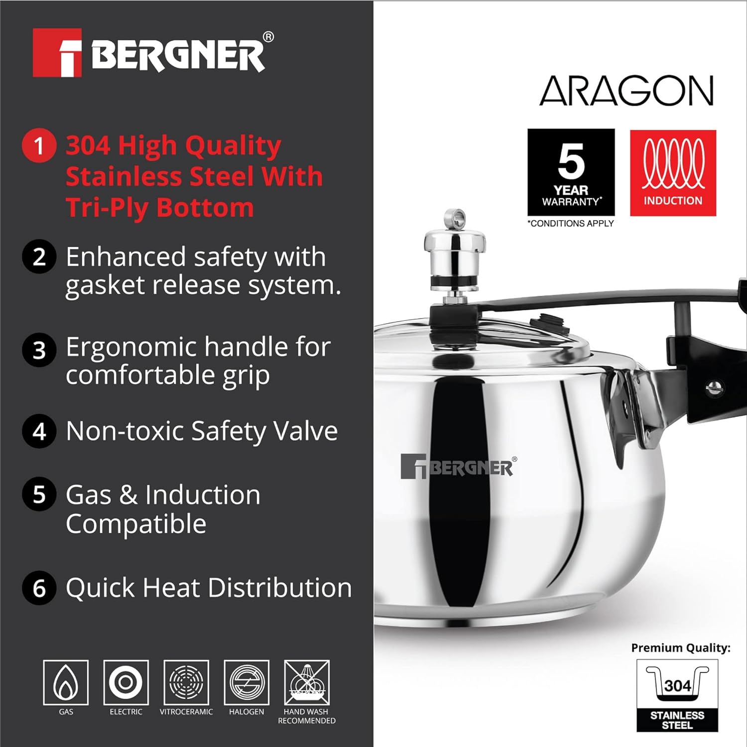 Bergner Aragon Stainless Steel Inner Lid Pressure Cooker, Induction Bottom (5-Year Warranty)