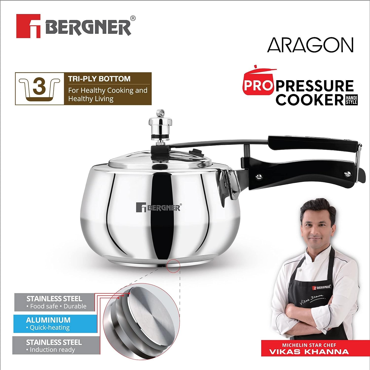 Bergner Aragon Stainless Steel Inner Lid Pressure Cooker, Induction Bottom (5-Year Warranty)