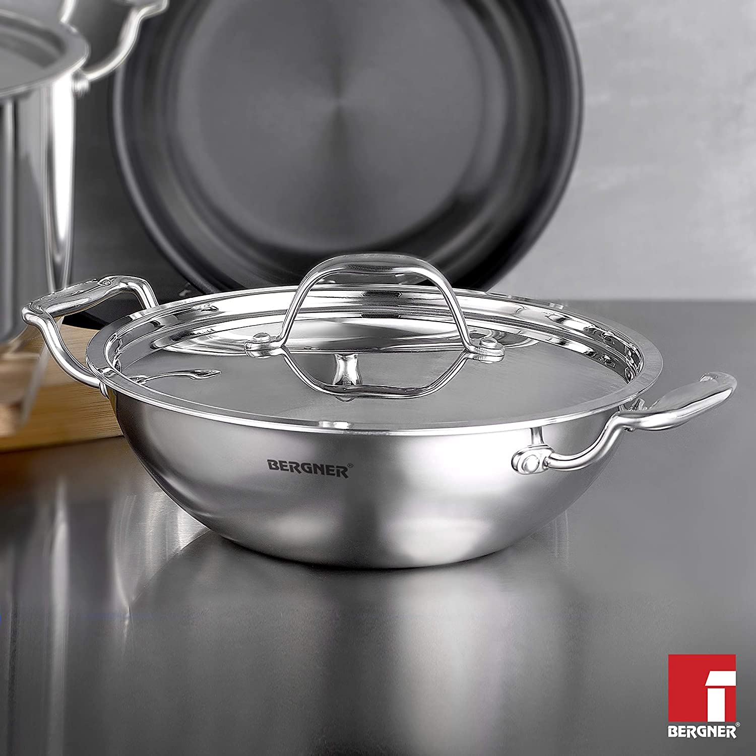 Bergner Argent Tri-Ply Stainless Steel Deep Kadai with Stainless Steel Lid - Induction Bottom (5-Year Warranty)