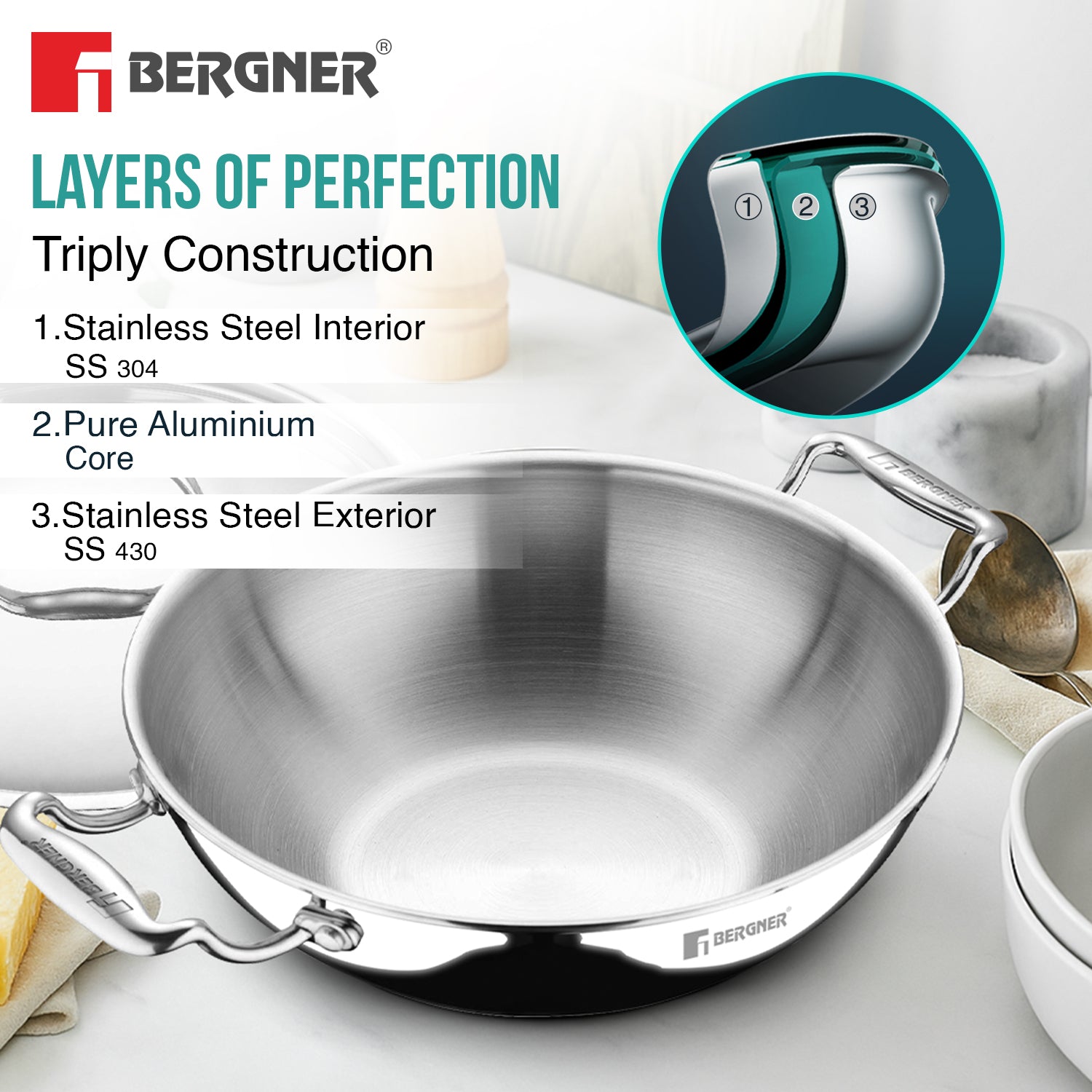 Argent 40cm/14L Triply Extra Deep Kadai with Stainless Steel Lid