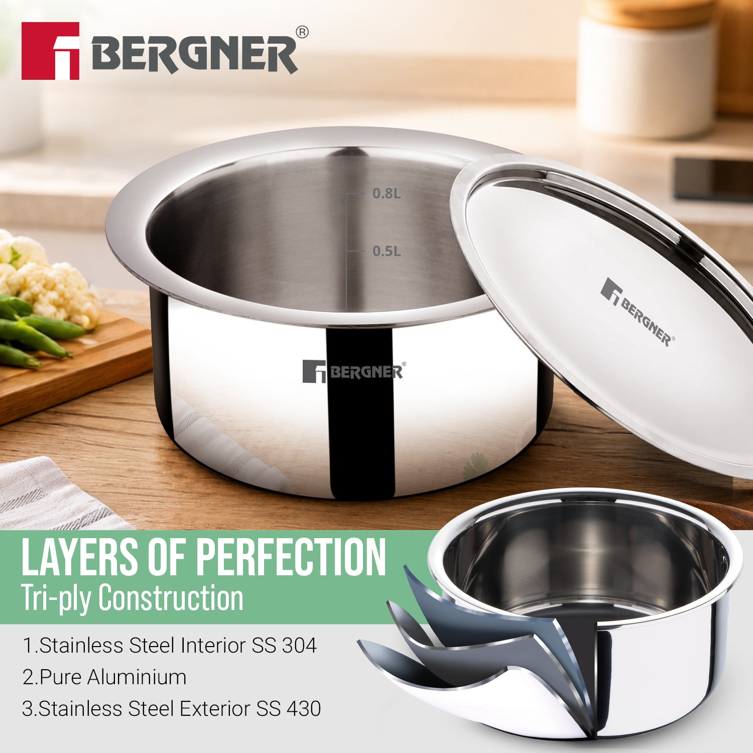 Argent Triply 12cm (800ml) Tope with Stainless Steel Lid