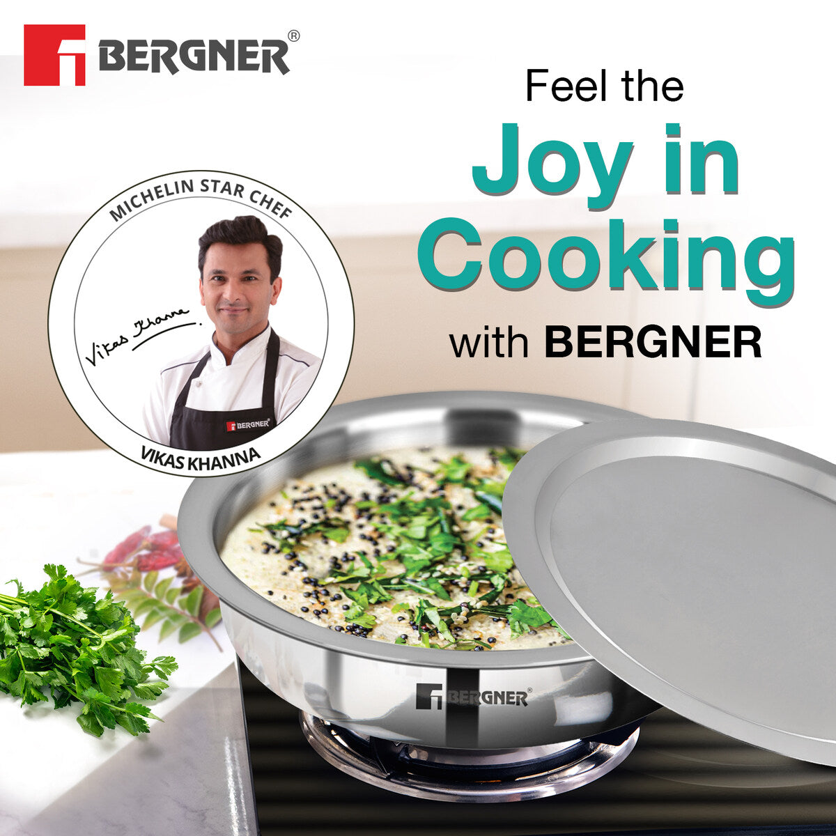 Bergner Argent Tri-Ply Stainless Steel 20cm (1.7 Liters) Lagdi with Stainless Steel Lid - Induction Bottom (5-Year Warranty)