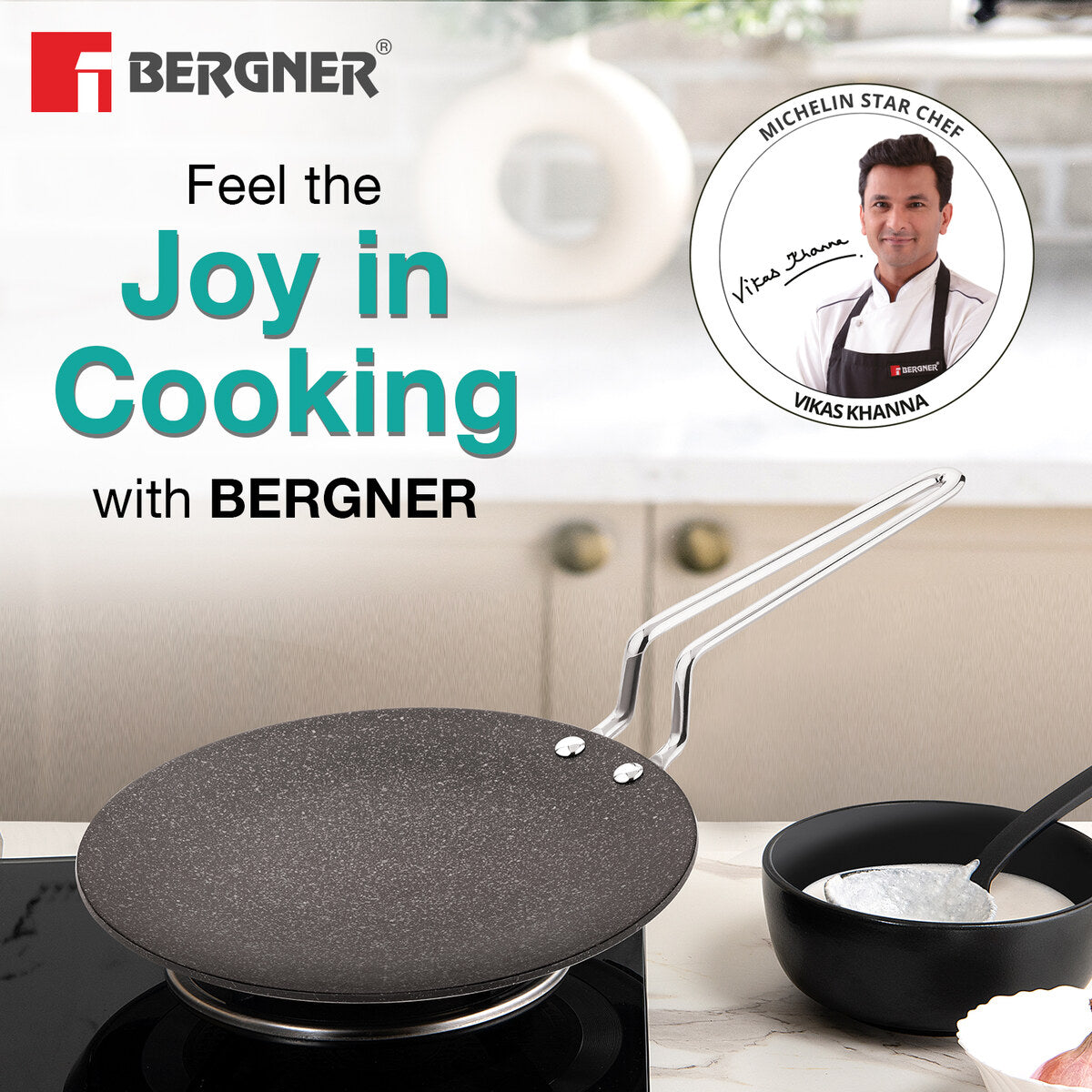 Bergner Argent Samsara Triply Stainless Steel Roti Tawa with Premium Non-Stick Coating - Induction Compatible