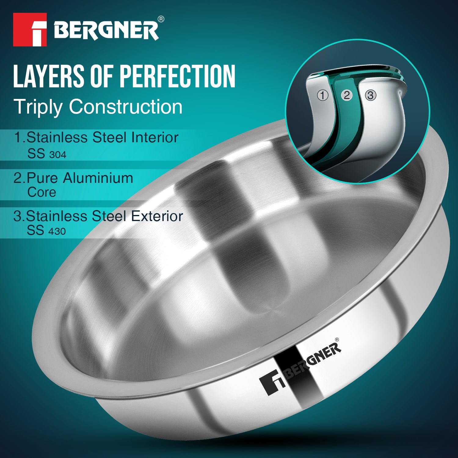 Argent Tri-Ply Stainless Steel 26cm (2.1 L) Lagdi with Lid
