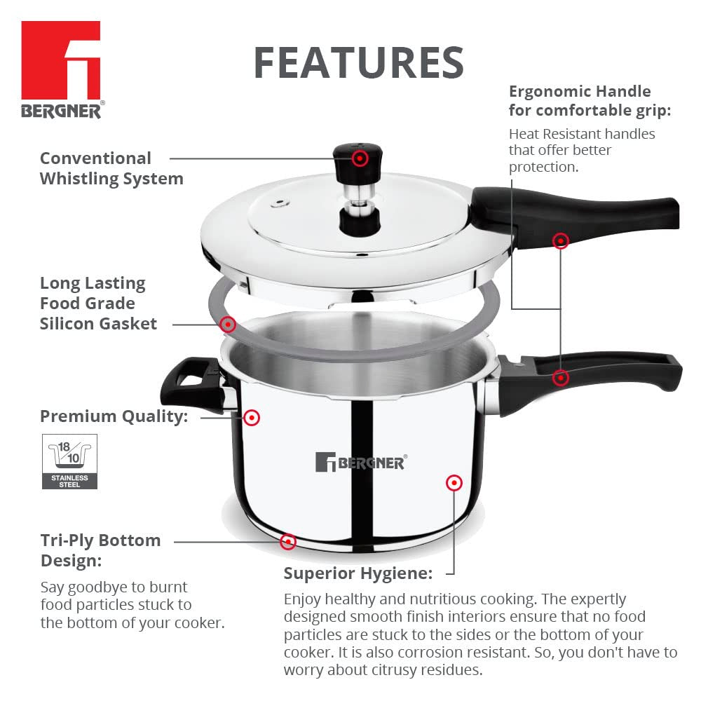 Bergner Pura Stainless Steel Outer Lid Pressure Cooker, Triply Induction Bottom (5-Year Warranty)