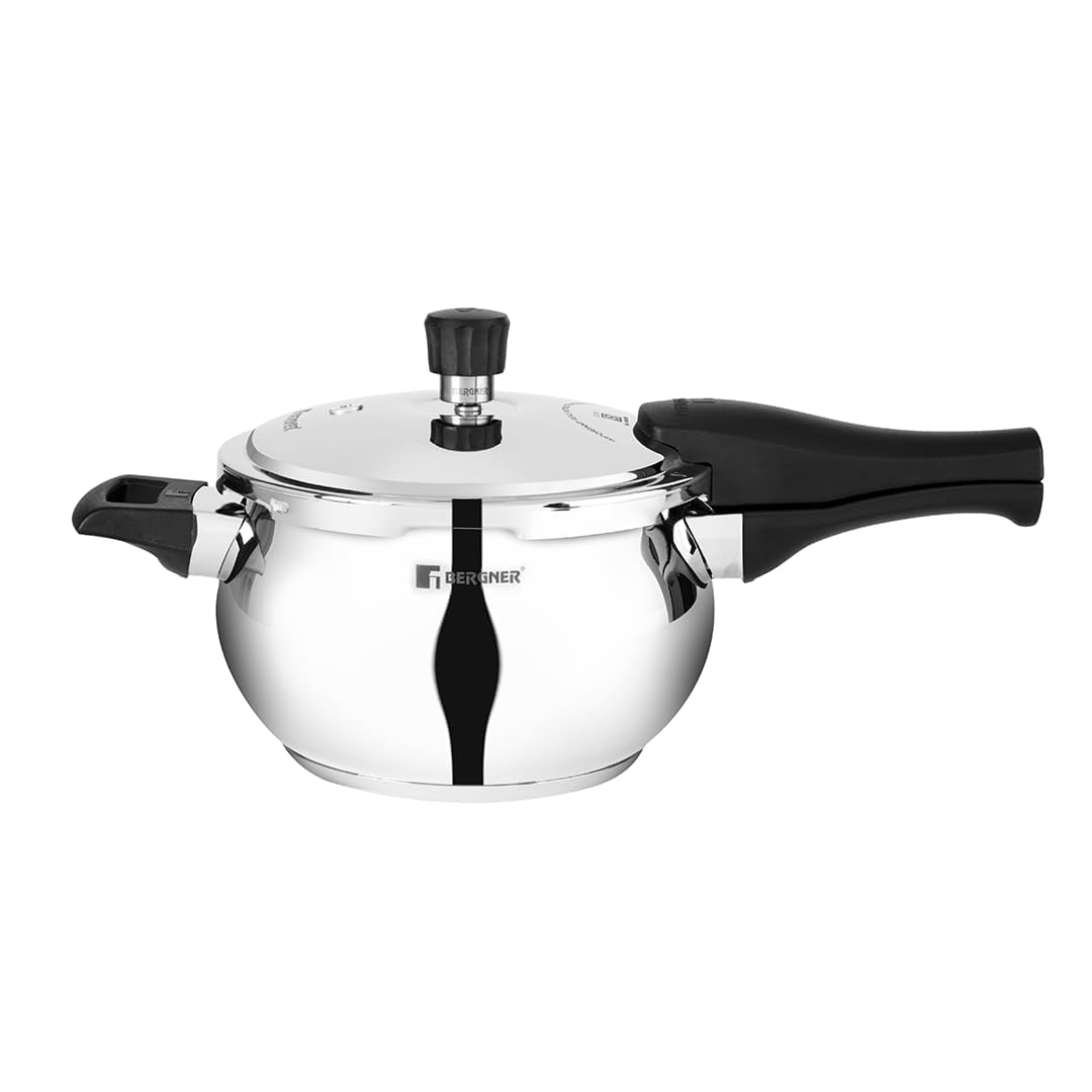 Bergner Pura Stainless Steel Belly Shape Outer Lid Pressure Cooker, Tri-Ply Induction Bottom (5-Year Warranty)