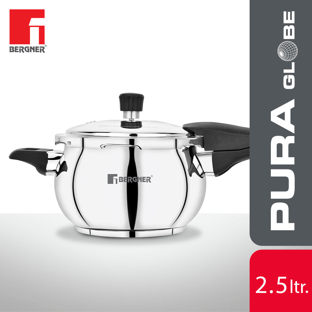 Bergner Pura Stainless Steel Belly Shape Outer Lid Pressure Cooker, Triply Induction Bottom (5-Year Warranty)