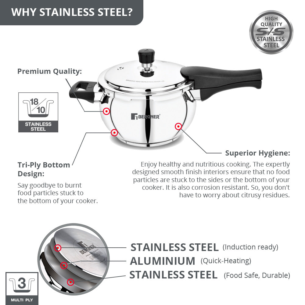 Bergner Pura Stainless Steel Belly Shape Outer Lid Pressure Cooker, Triply Induction Bottom (5-Year Warranty)