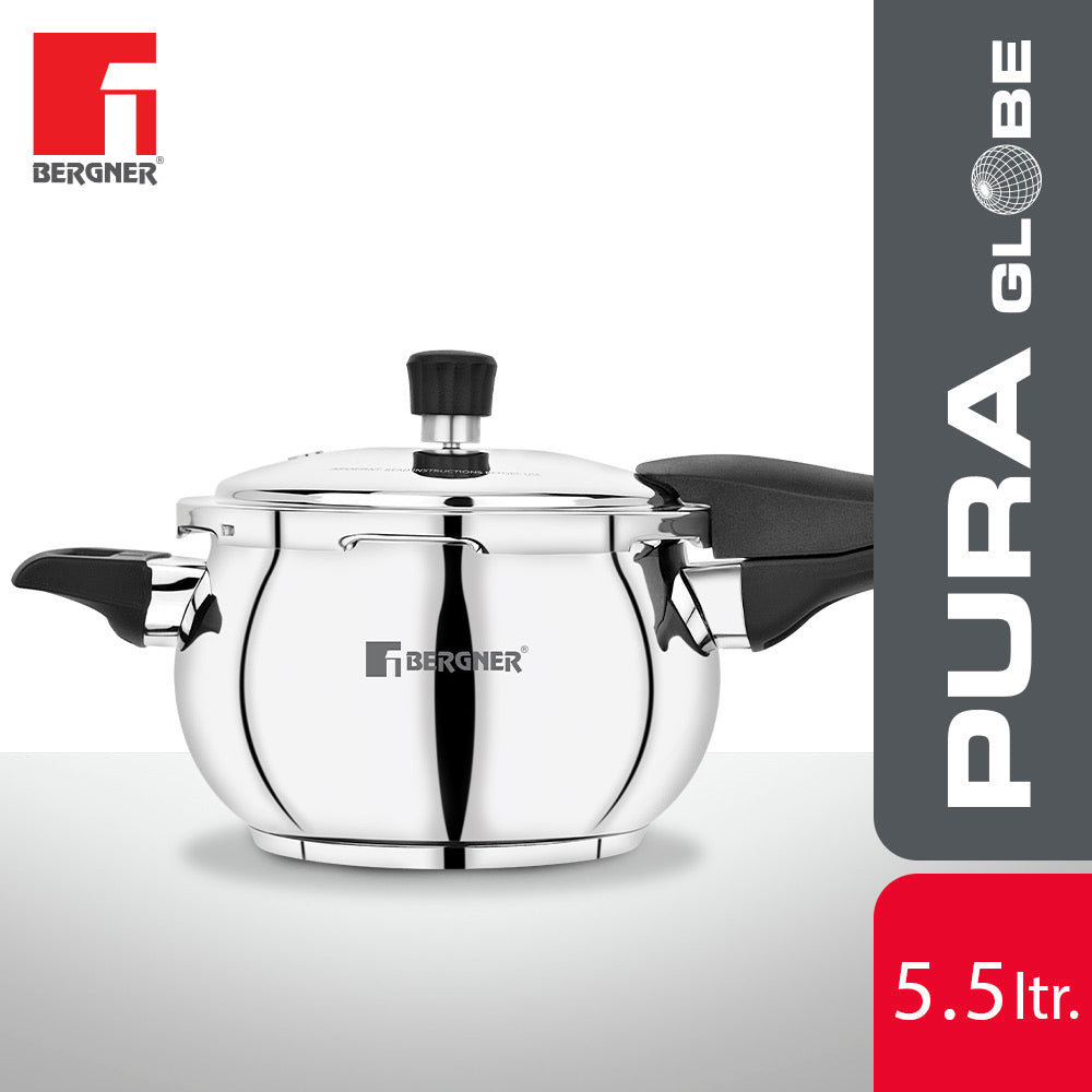 Bergner Pura Stainless Steel Belly Shape Outer Lid Pressure Cooker, Tri-Ply Induction Bottom (5-Year Warranty)