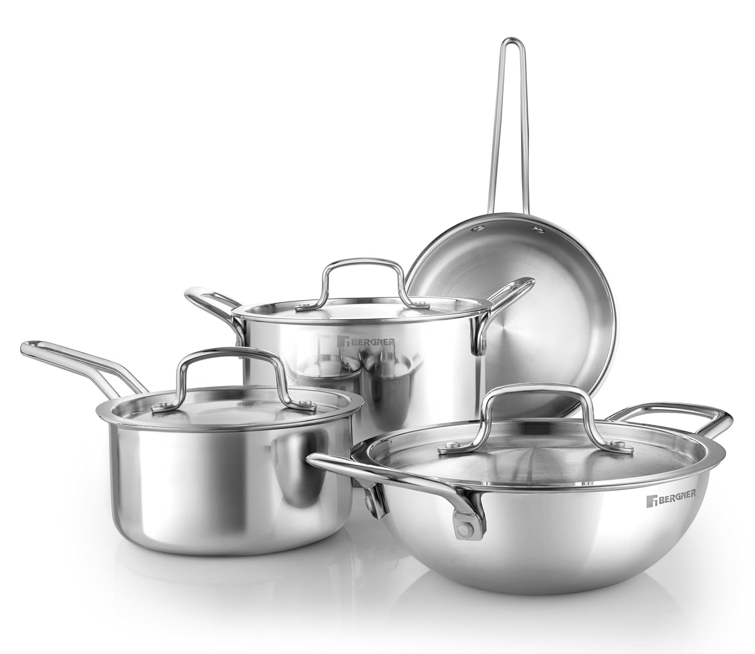 Bergner TriPro Tri-Ply Stainless Steel 7 Pcs Cookware Set - Kadai with Lid 20cm (1.5L), Sautepan 20cm (1.5L), Saucepan with Lid 16cm (1.7L), Casserole with Lid 20cm (3.5L) - Induction Bottom (5-Year Warranty)