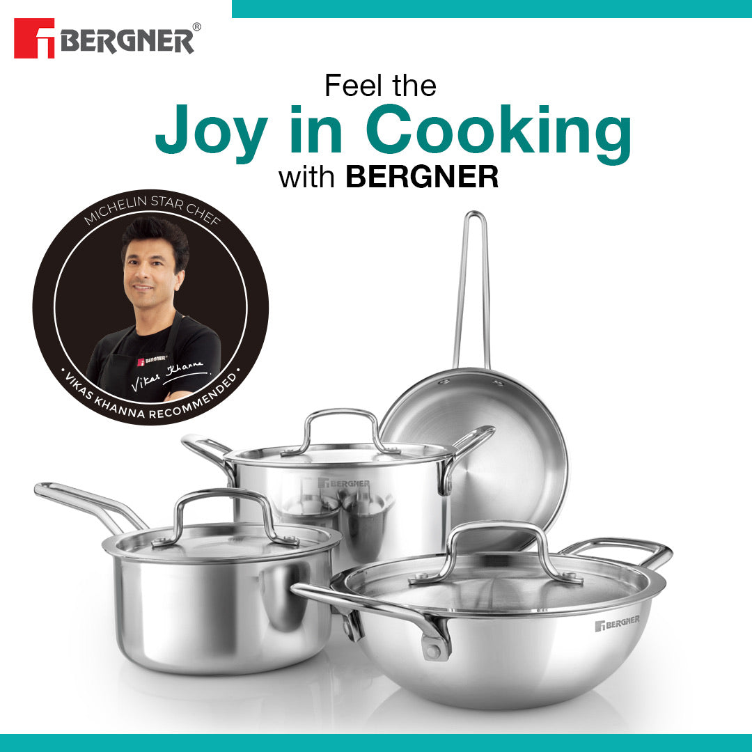 Bergner TriPro Tri-Ply Stainless Steel 7 Pcs Cookware Set - Kadai with Lid 20cm (1.5L), Sautepan 20cm (1.5L), Saucepan with Lid 16cm (1.7L), Casserole with Lid 20cm (3.5L) - Induction Bottom (5-Year Warranty)