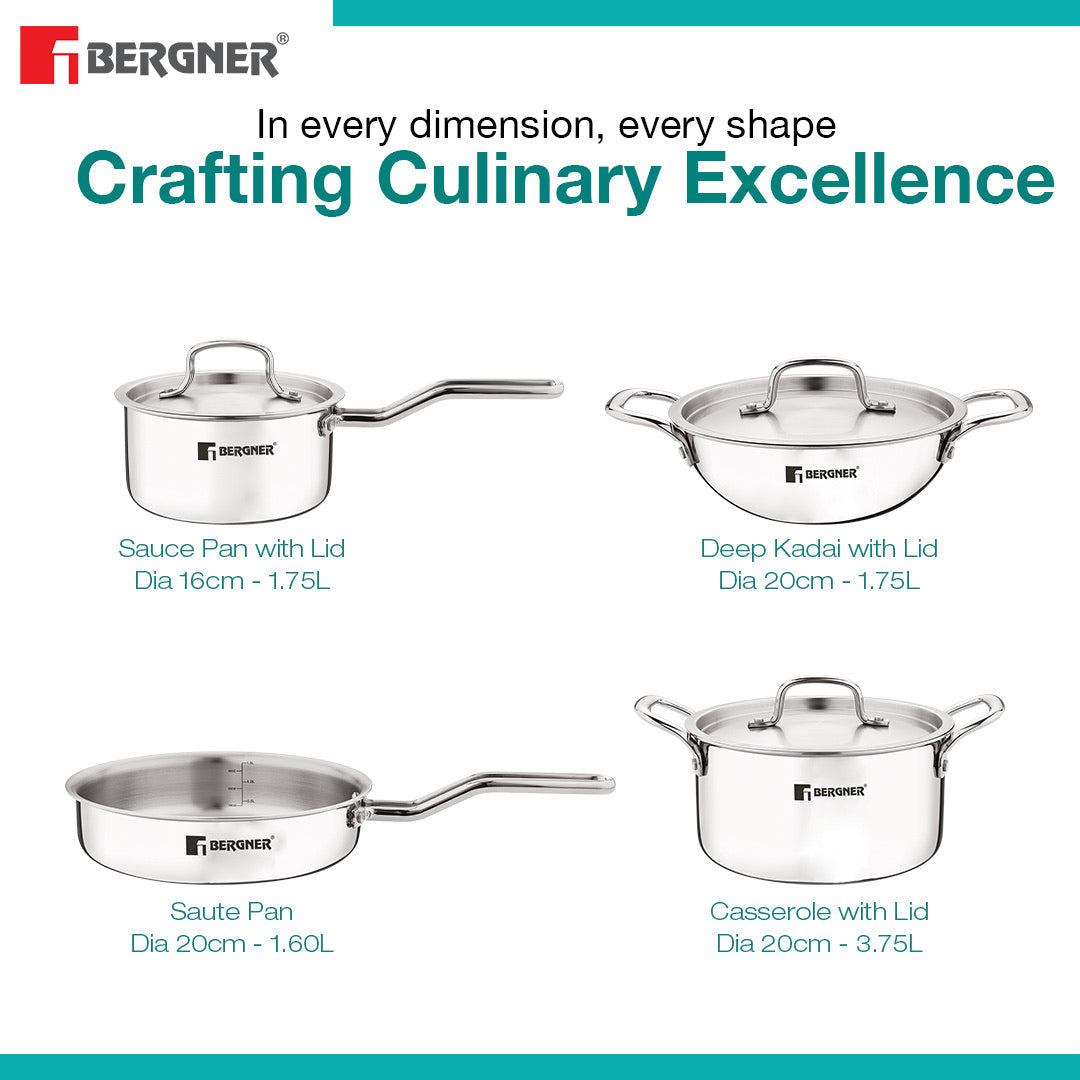 Bergner TriPro TriPly Stainless Steel 7 Pcs Cookware Set of - Induction Bottom (5-Year Warranty)