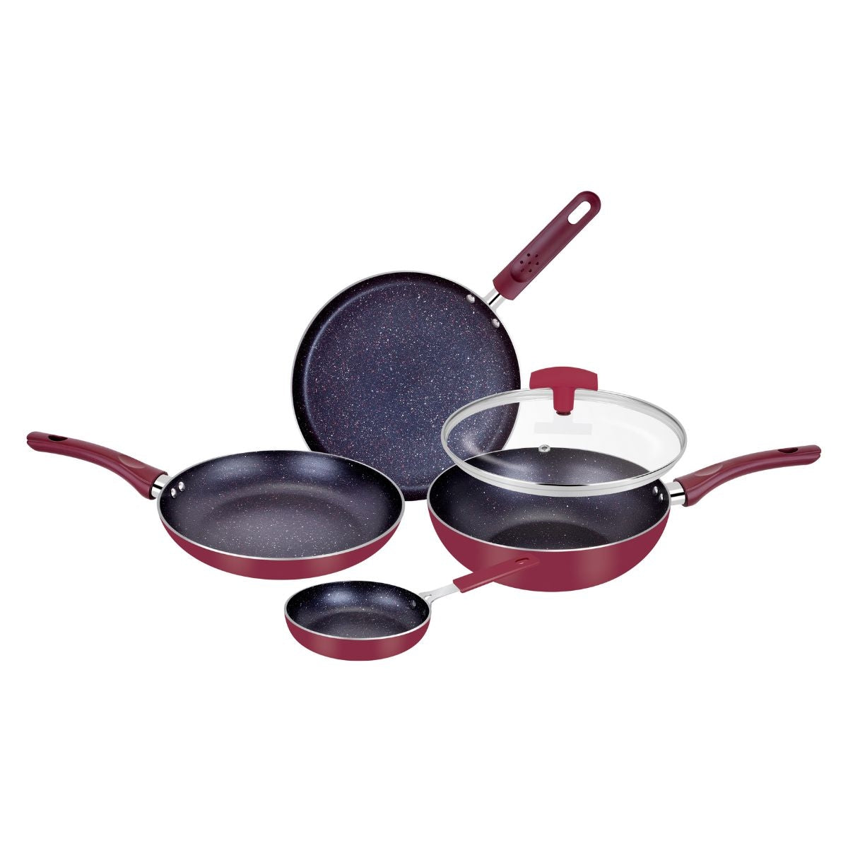 Bergner Amarone Non-Stick 5 Pcs Cookware Set - 24cm (2.4 L) Wok with Glass Lid, 24cm (1.3 L) Frypan, 25cm Tawa, 14cm Mini Pan - Induction Bottom