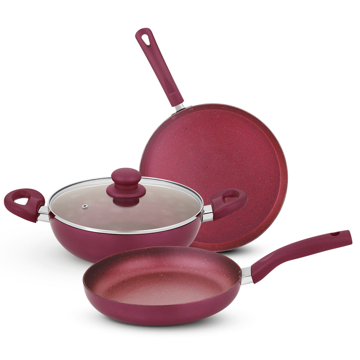 Bergner Sherry Non-Stick 4 Pcs Cookware Set - 24cm (2.5 L) Kadai with Glass Lid, 24cm Frypan and 28cm Tawa, Less Oil Use - Induction Bottom