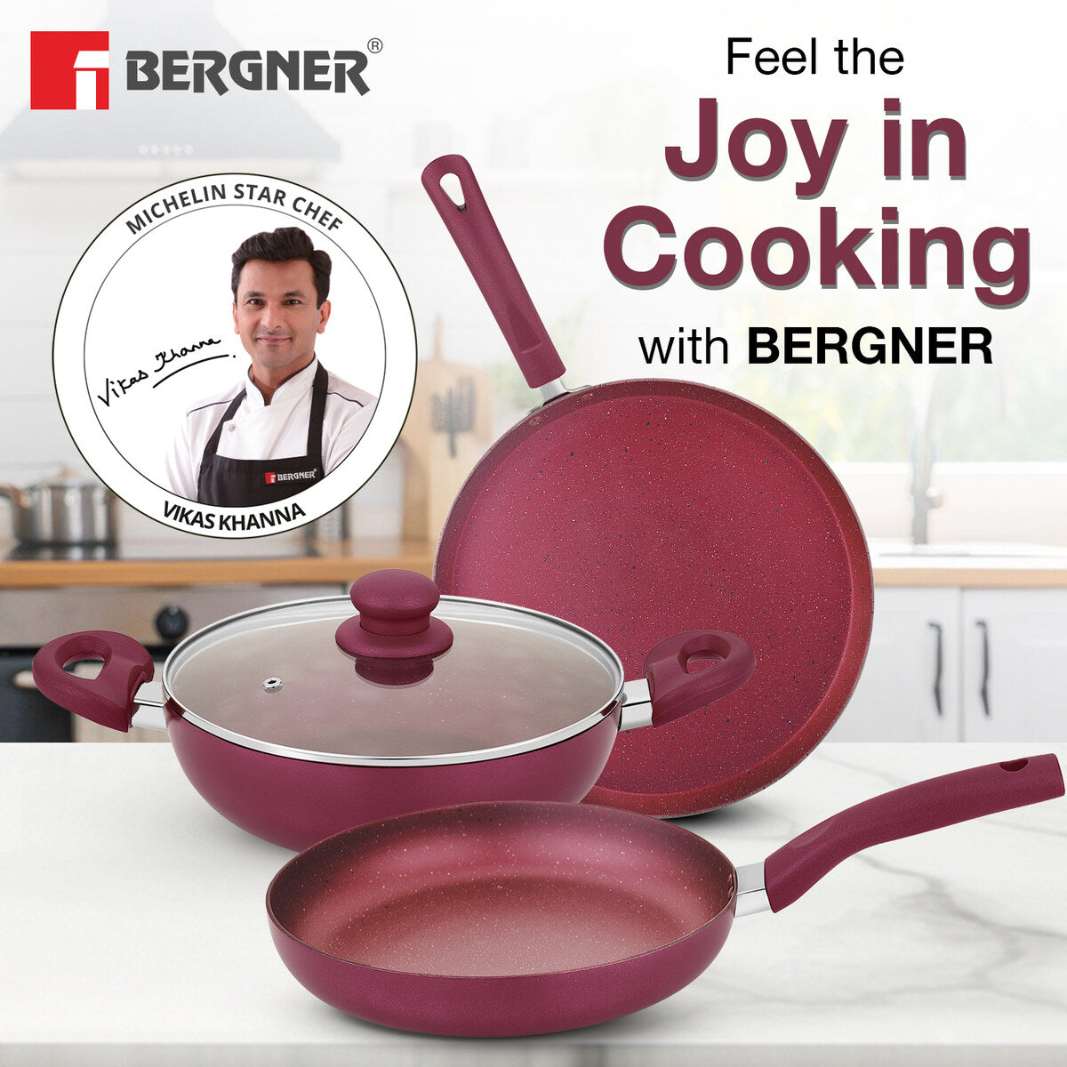 Bergner Sherry Non-Stick 4 Pcs Cookware Set - 24cm (2.5 L) Kadai with Glass Lid, 24cm Frypan and 28cm Tawa, Less Oil Use - Induction Bottom