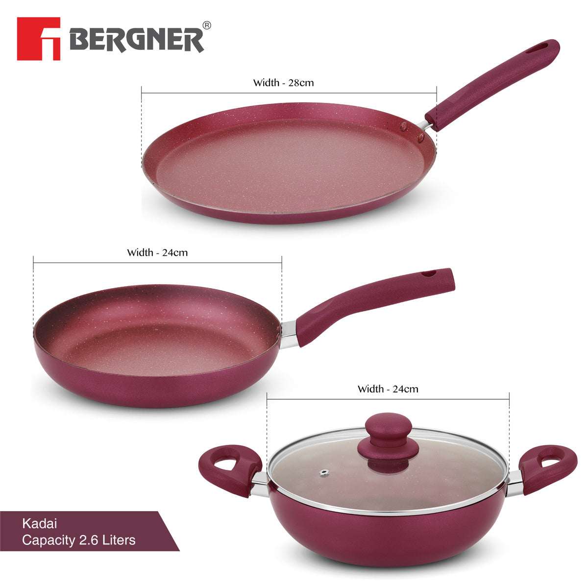 Bergner Sherry Non-Stick 4 Pcs Cookware Set - 24cm (2.5 L) Kadai with Glass Lid, 24cm Frypan and 28cm Tawa, Less Oil Use - Induction Bottom