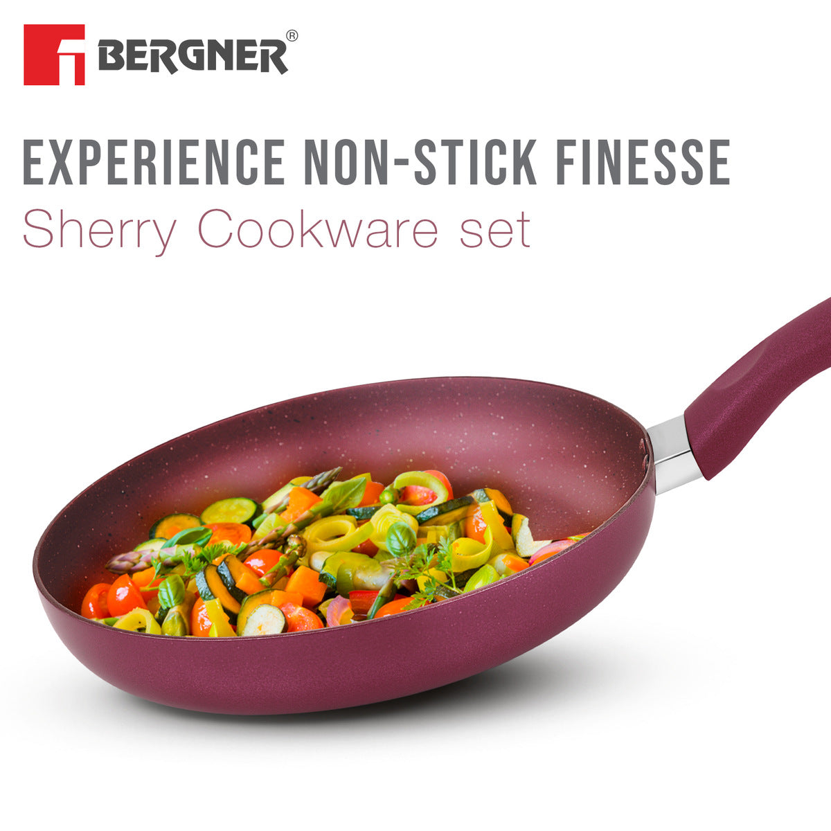 Bergner Sherry Non-Stick 4 Pcs Cookware Set - 24cm (2.5 L) Kadai with Glass Lid, 24cm Frypan and 28cm Tawa, Less Oil Use - Induction Bottom