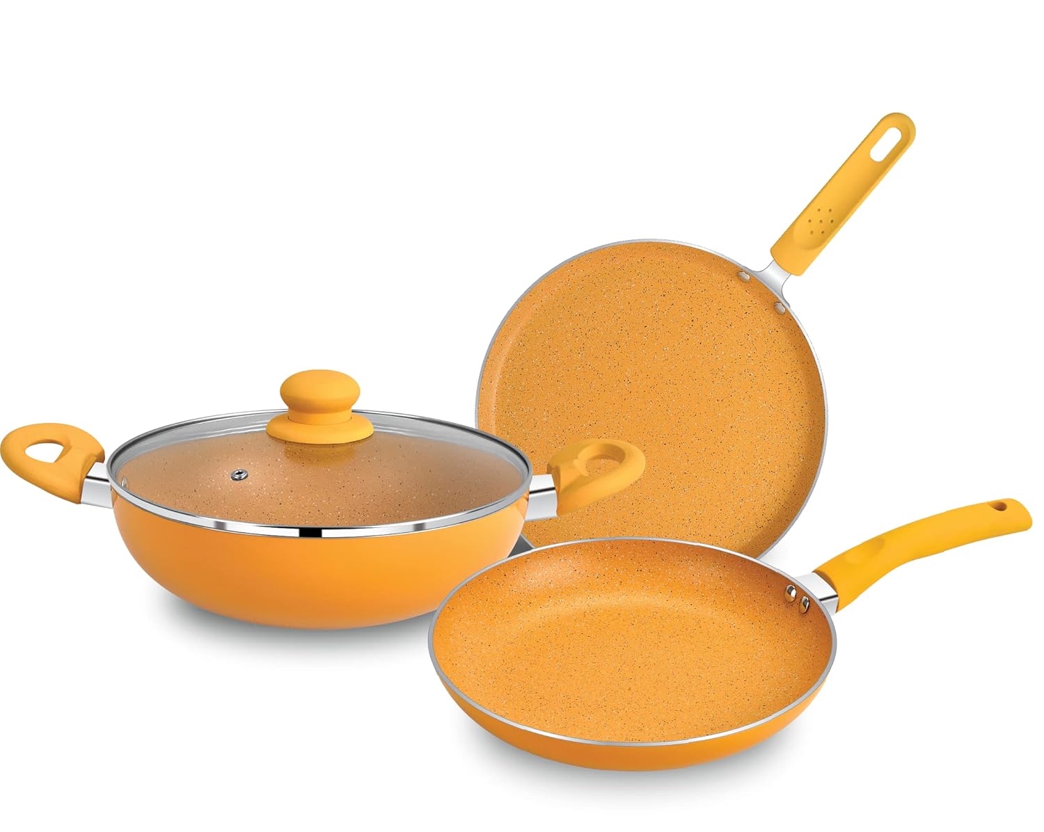 Bergner Tasty Non-Stick 4 Pcs Cookware Set - 24cm (2.5 L) Kadai with Glass Lid, 24cm Frypan and 28cm Tawa, Less Oil Use - Induction Bottom