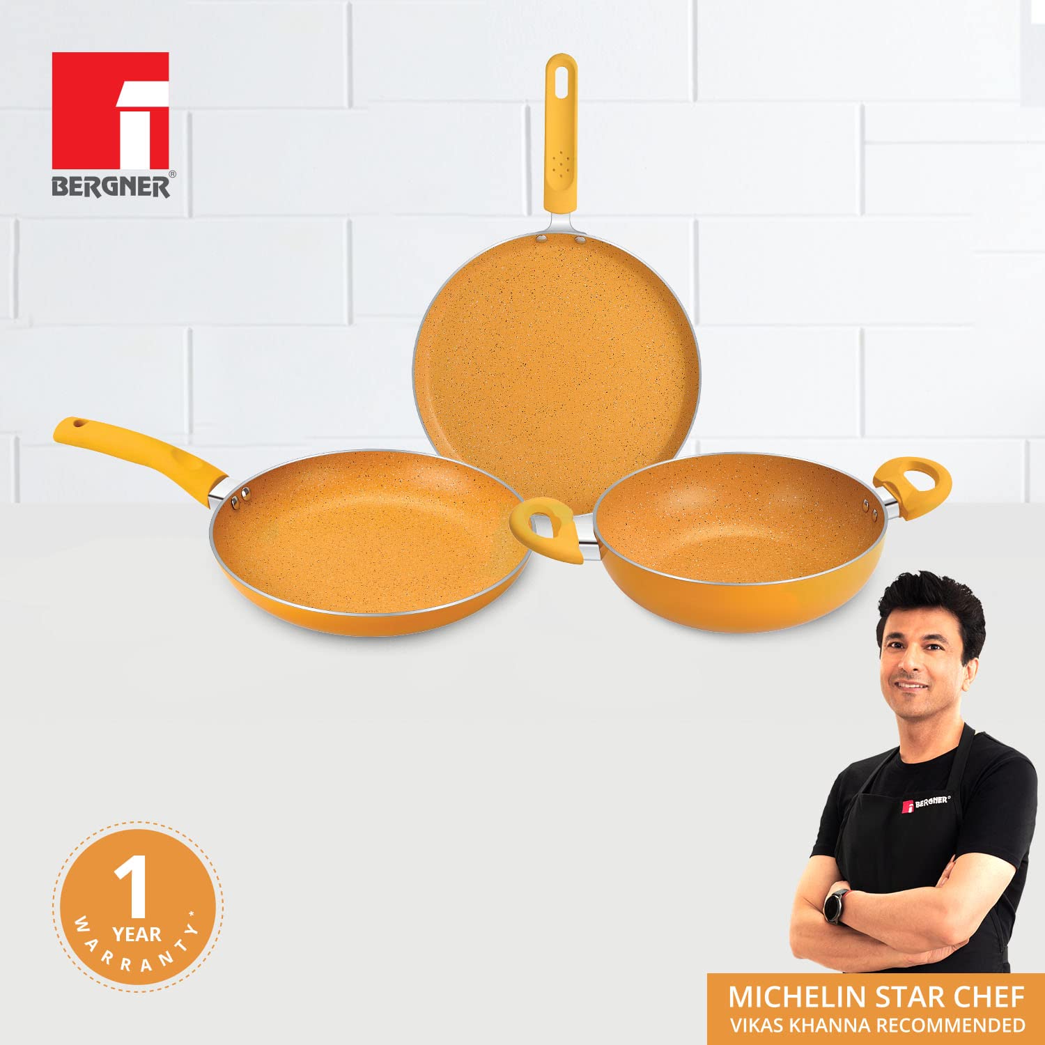 Bergner Tasty Non-Stick 4 Pcs Cookware Set - 24cm (2.5 L) Kadai with Glass Lid, 24cm Frypan and 28cm Tawa, Less Oil Use - Induction Bottom