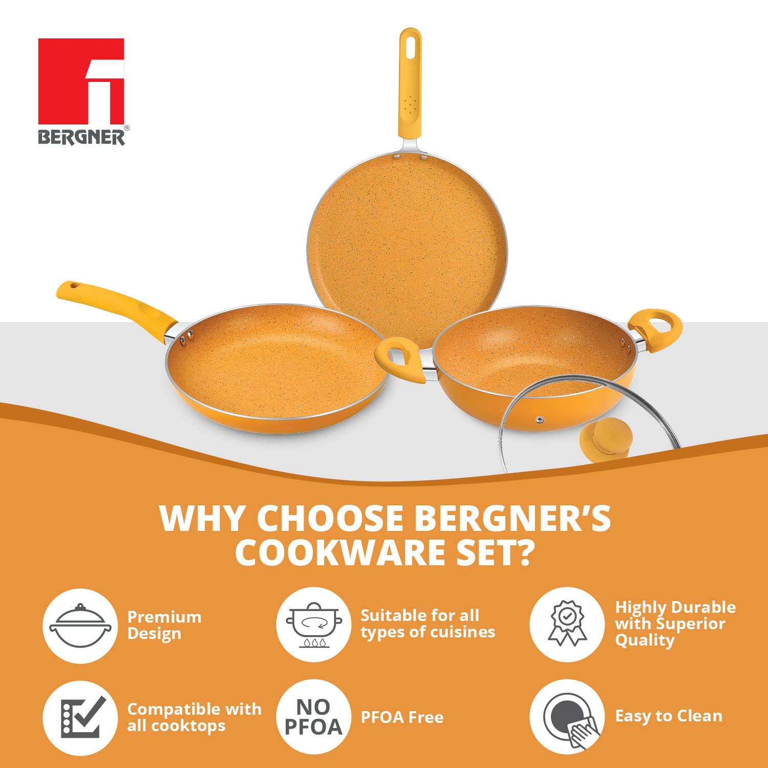 Bergner Tasty Non-Stick 4 Pcs Cookware Set - 24cm (2.5 L) Kadai with Glass Lid, 24cm Frypan and 28cm Tawa, Less Oil Use - Induction Bottom