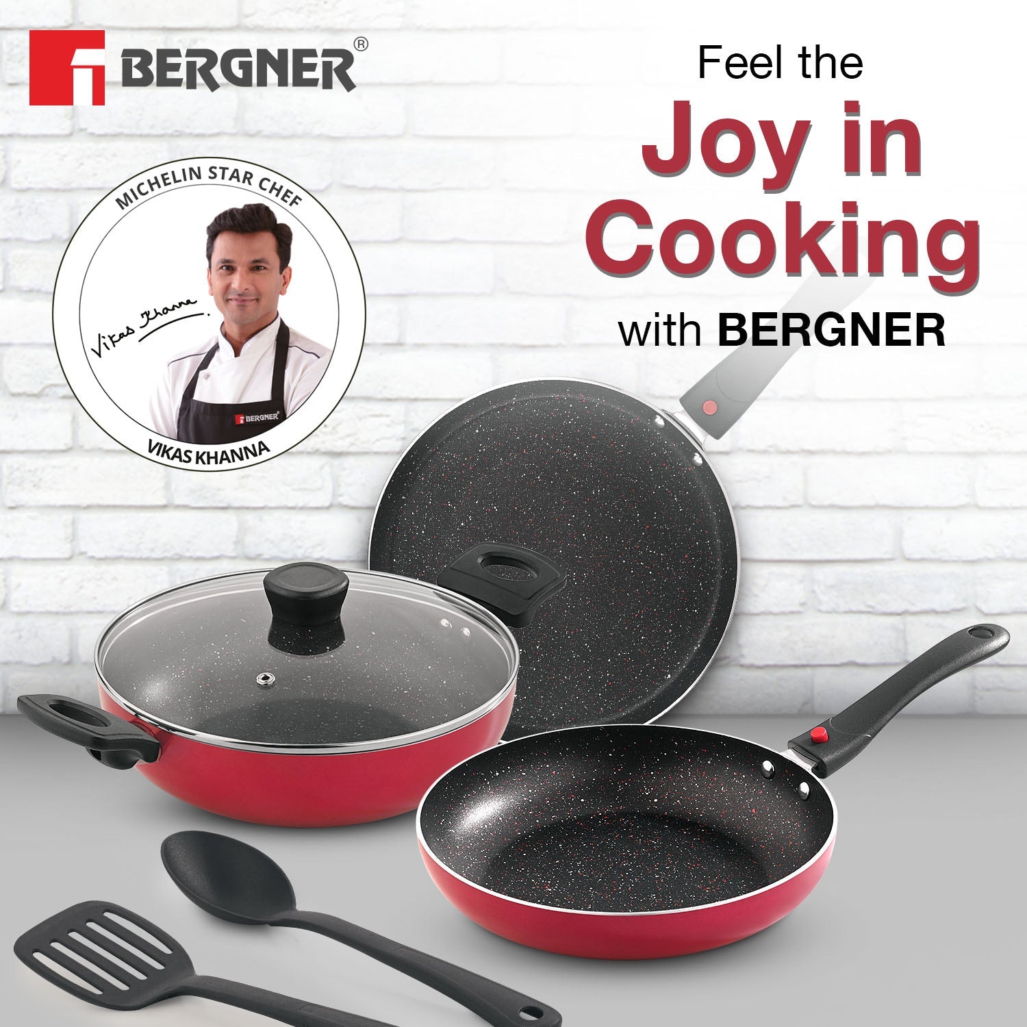 Bergner Sherry Plus Non-Stick 6 pcs Cookware Set, Detachable Handle - Induction Bottom (Red)