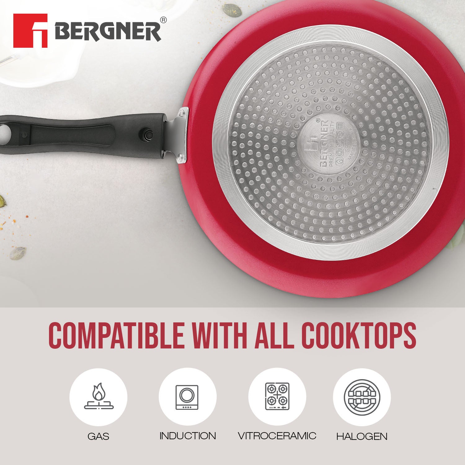 Bergner Sherry Plus Non-Stick 6 pcs Cookware Set, Detachable Handle - Induction Bottom (Red)