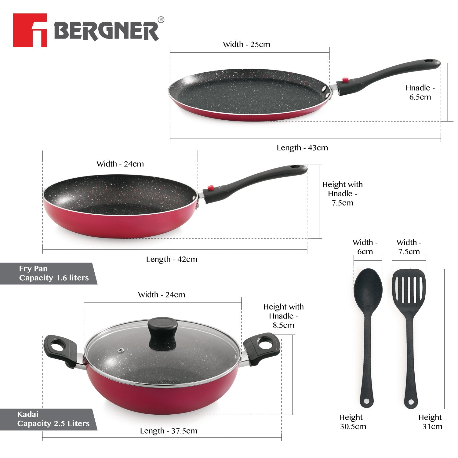 Bergner Sherry Plus Non-Stick 6 pcs Cookware Set, Detachable Handle - Induction Bottom (Red)