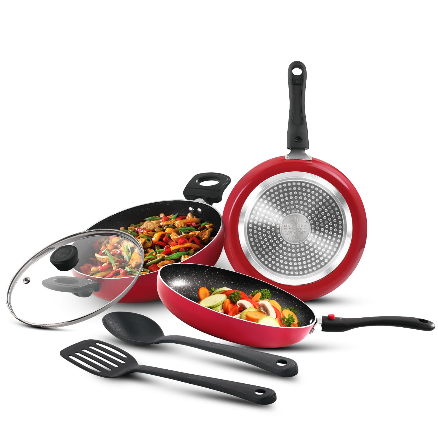 Bergner Sherry Plus Non-Stick 6 pcs Cookware Set, Detachable Handle - Induction Bottom (Red)