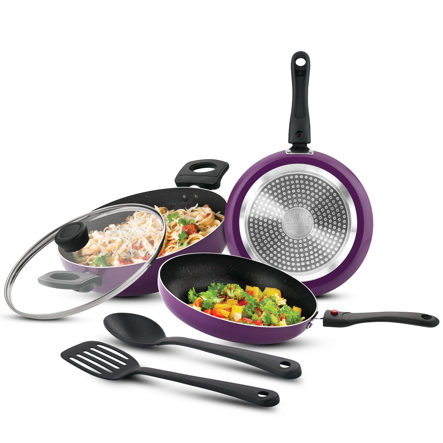 Bergner Sherry Plus Non-Stick 6 pcs Cookware Set, Detachable Handle - Induction Bottom (Purple)